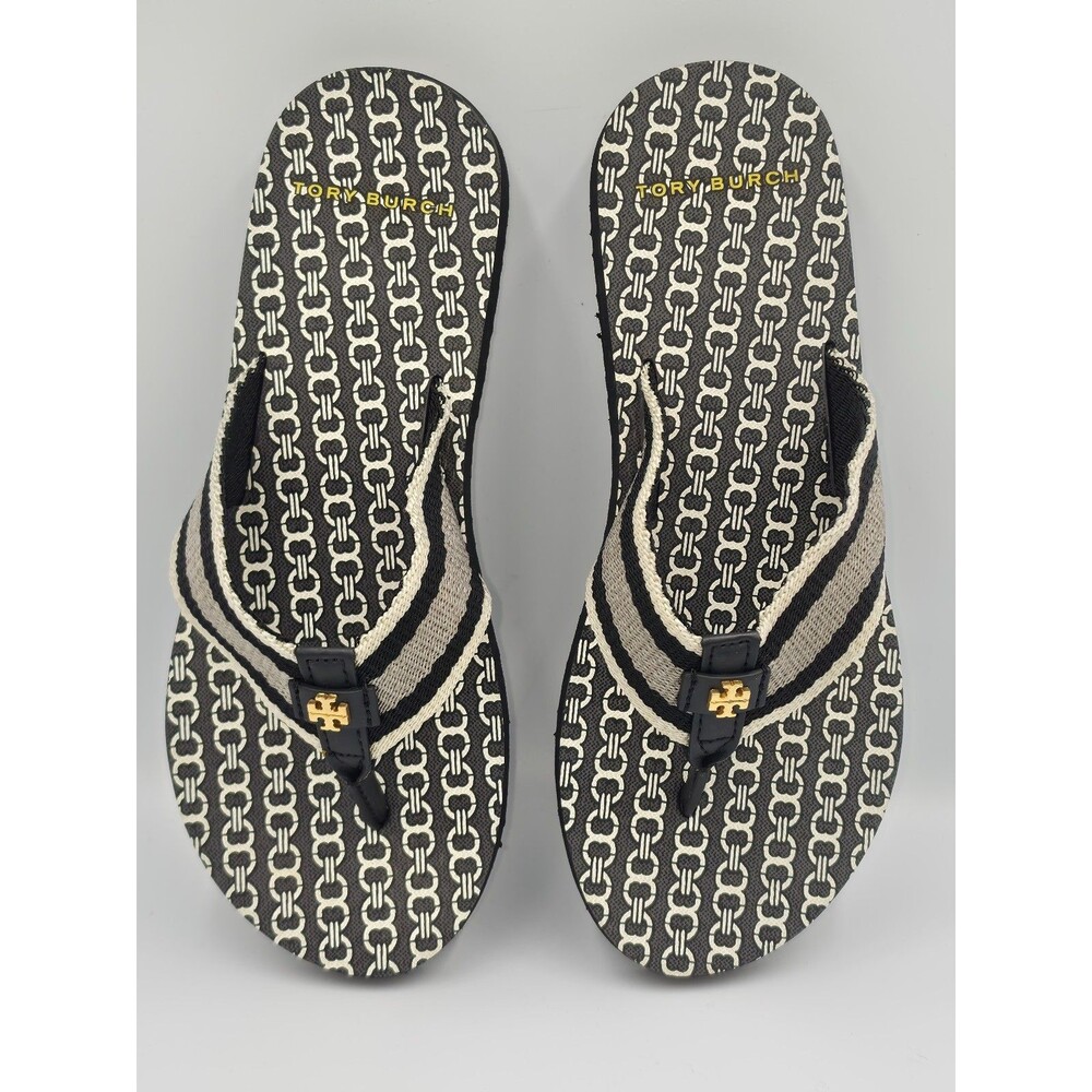 Tory Burch Gemini Link Flip Flops Black Ivory Striped Sandals Women’s Size 6